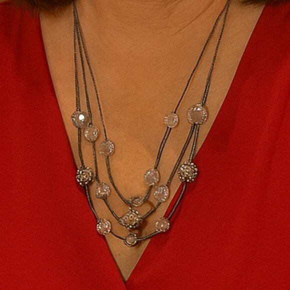 Multi Strand Necklace Earrings Set with Silver Tone and Faceted Beads - Picture 1 of 10